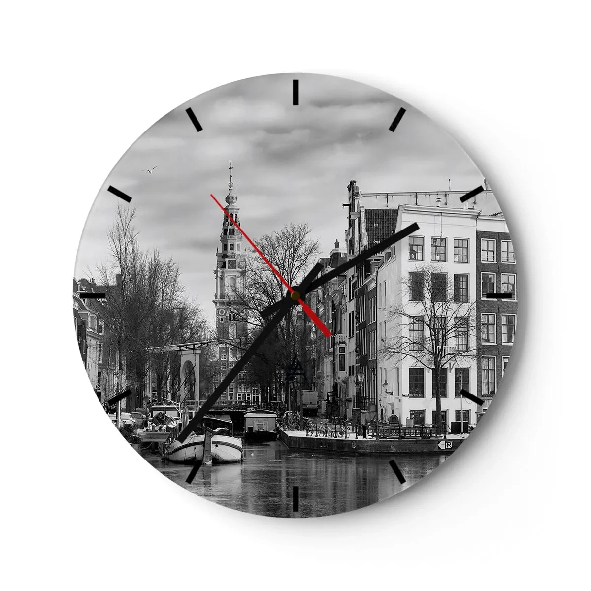 Wall clock - Clock on glass - Black and white view of the canal and city architecture - 30x30cm - Amsterdam Atmosphere - Modern wall decoration for the living room, kitchen, and bedroom ARTTOR