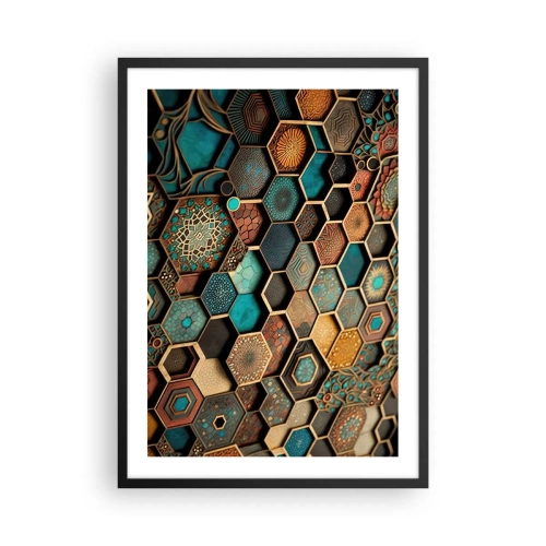 Poster in black frame - A geometric composition of hexagons in a gold and turquoise palette. - 50x70cm - Arabic Ornaments - Variation - Modern wall decoration for the living room and bedroom ARTTOR