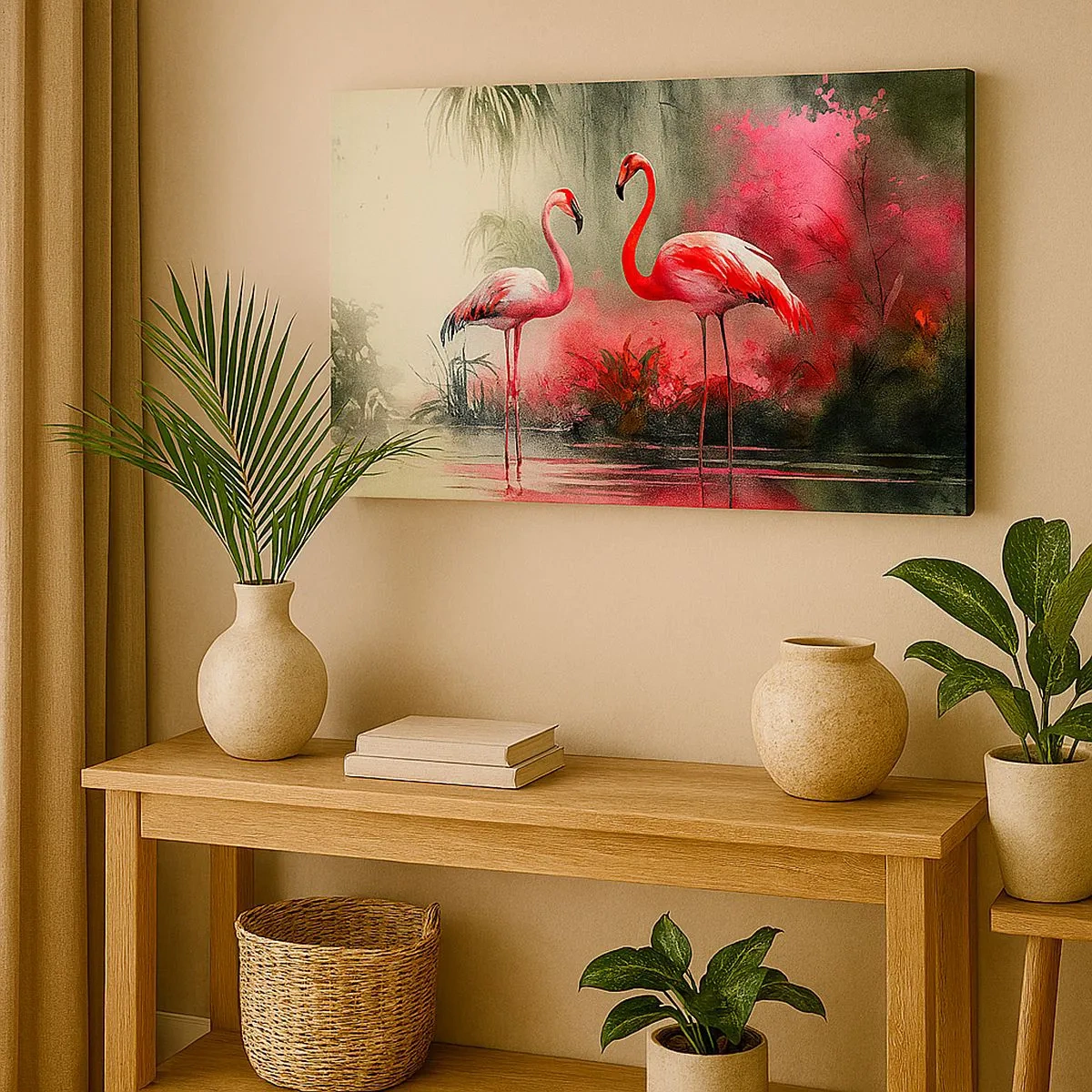 Canvas picture - Flamingos by the water surrounded by vegetation - 70x50cm - Class of Natural Charm - Modern wall decoration for the living room and bedroom ARTTOR