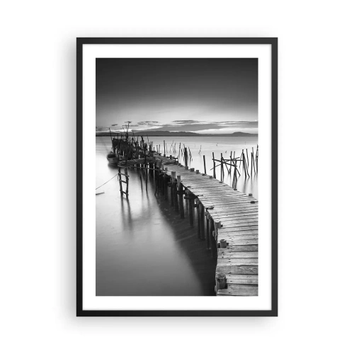 Poster in black frame - A black and white wooden jetty over a calm lake - 50x70cm - Peace of a Forgotten Shore - Modern wall decoration for the living room and bedroom ARTTOR