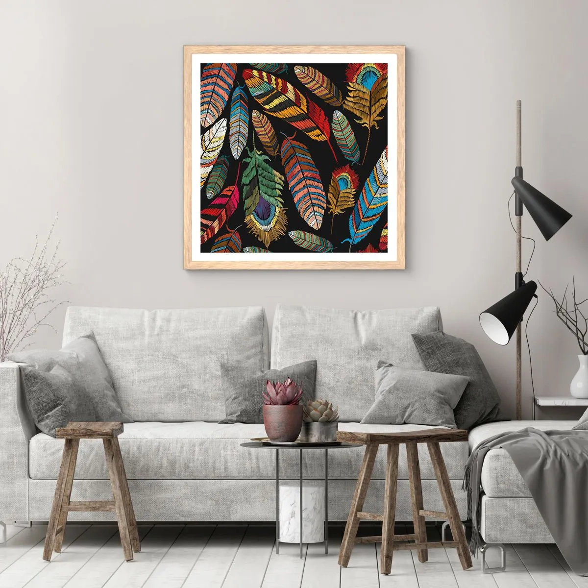 Poster in light oak frame - Bird Carnival - 50x50 cm