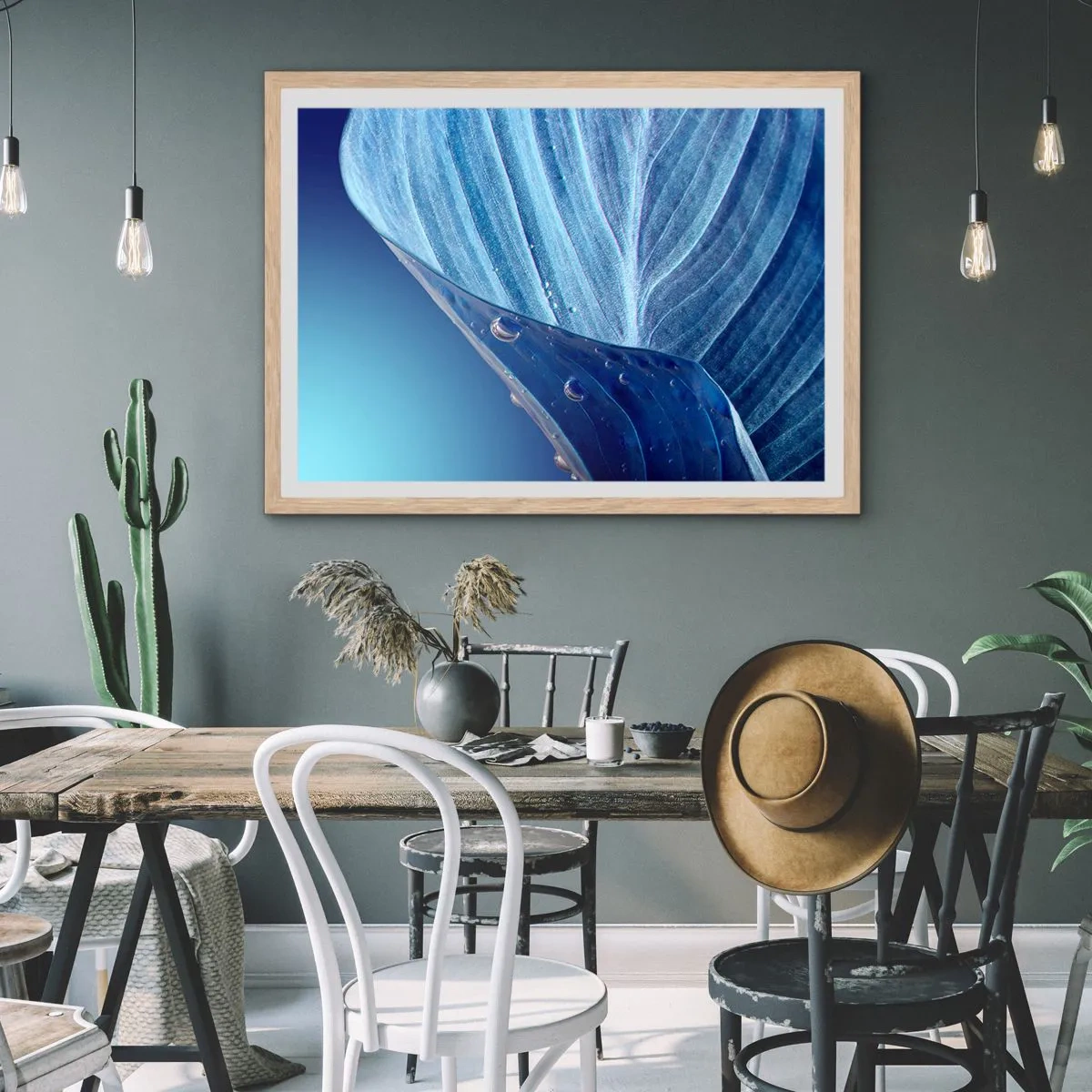 Poster in light oak frame - Hidden Drops of Blue - 100x70 cm