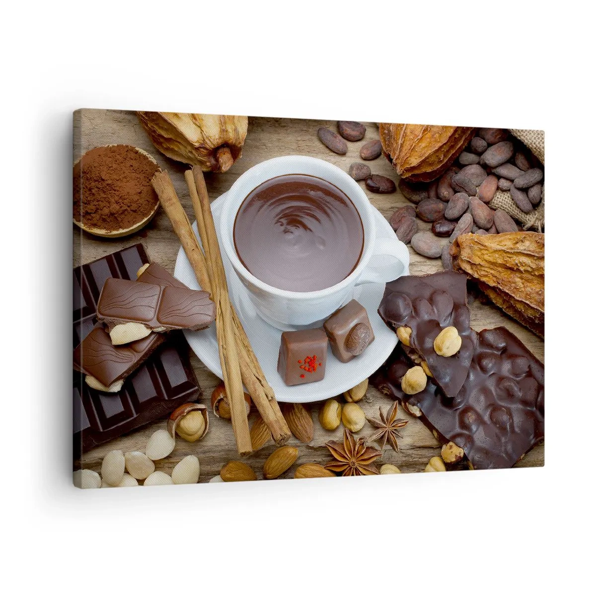 Canvas picture - A cup of hot chocolate surrounded by dessert ingredients - 70x50cm - From a Fairytale Factory of Chocolate - Modern wall decoration for the living room and bedroom ARTTOR