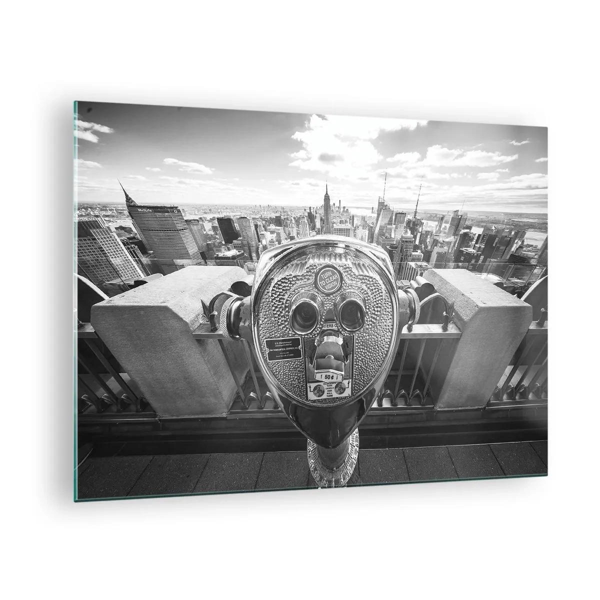 Glass picture - Black and white view of New York with an observation telescope - 70x50cm - City of Cities - Modern wall decoration for the living room and bedroom ARTTOR