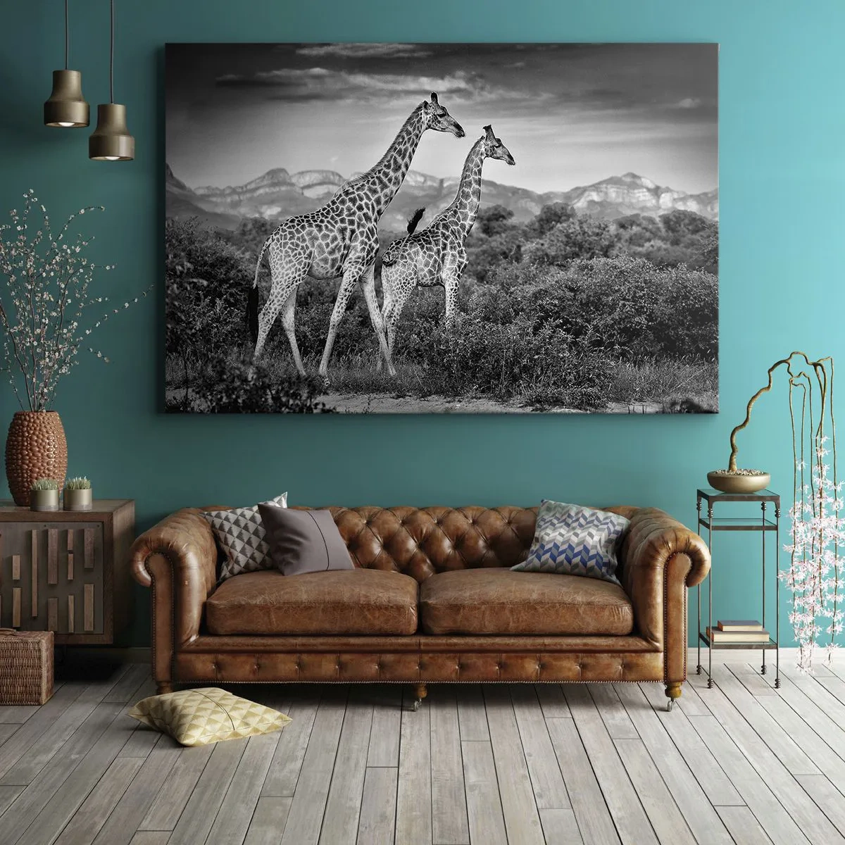 Canvas picture - Black and white silhouettes of two giraffes in the savannah - 70x50cm - Higher Spheres in Africa - Modern wall decoration for the living room and bedroom ARTTOR