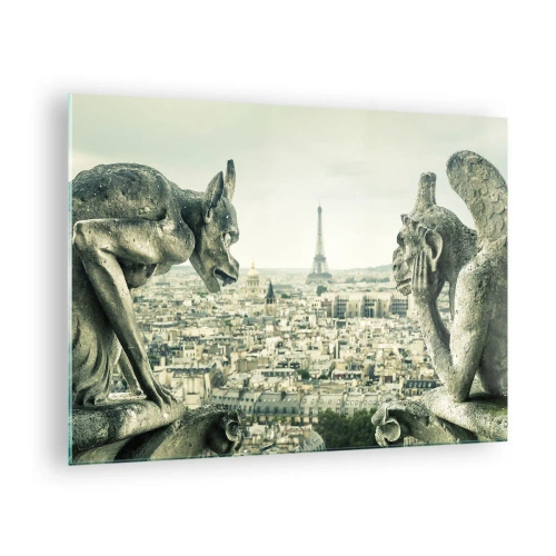 Glass picture - Gargoyles over Paris with a view of the Eiffel Tower - 70x50cm - Parisian Talks - Modern wall decoration for the living room and bedroom ARTTOR