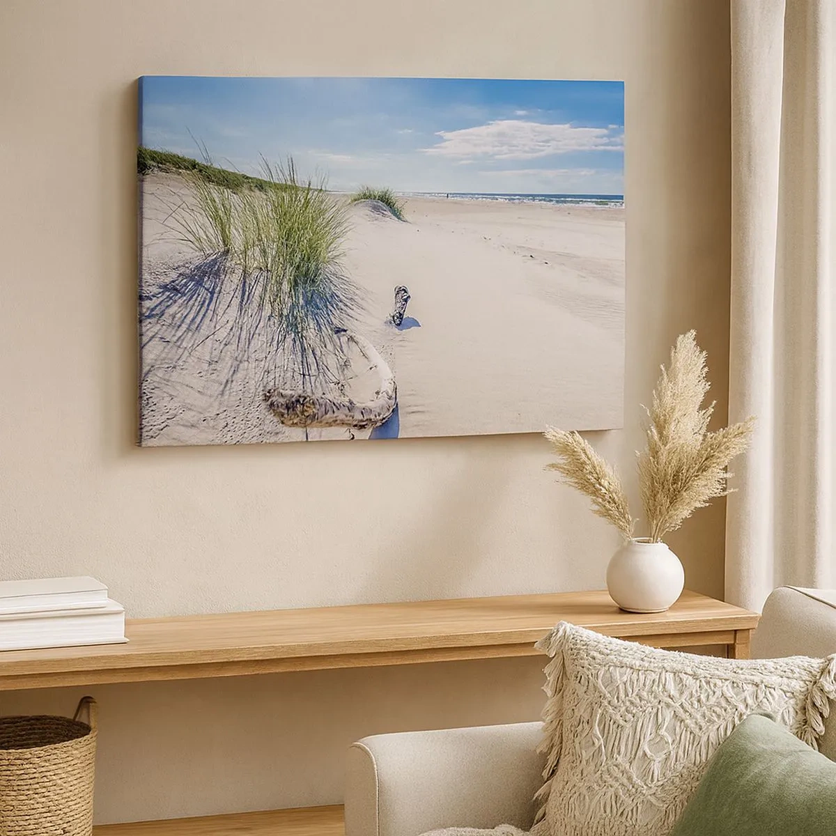 Canvas picture - A Baltic beach with sand, grass and a calm blue sky - 70x50cm - The Most Beautiful? Baltic One - Modern wall decoration for the living room and bedroom ARTTOR