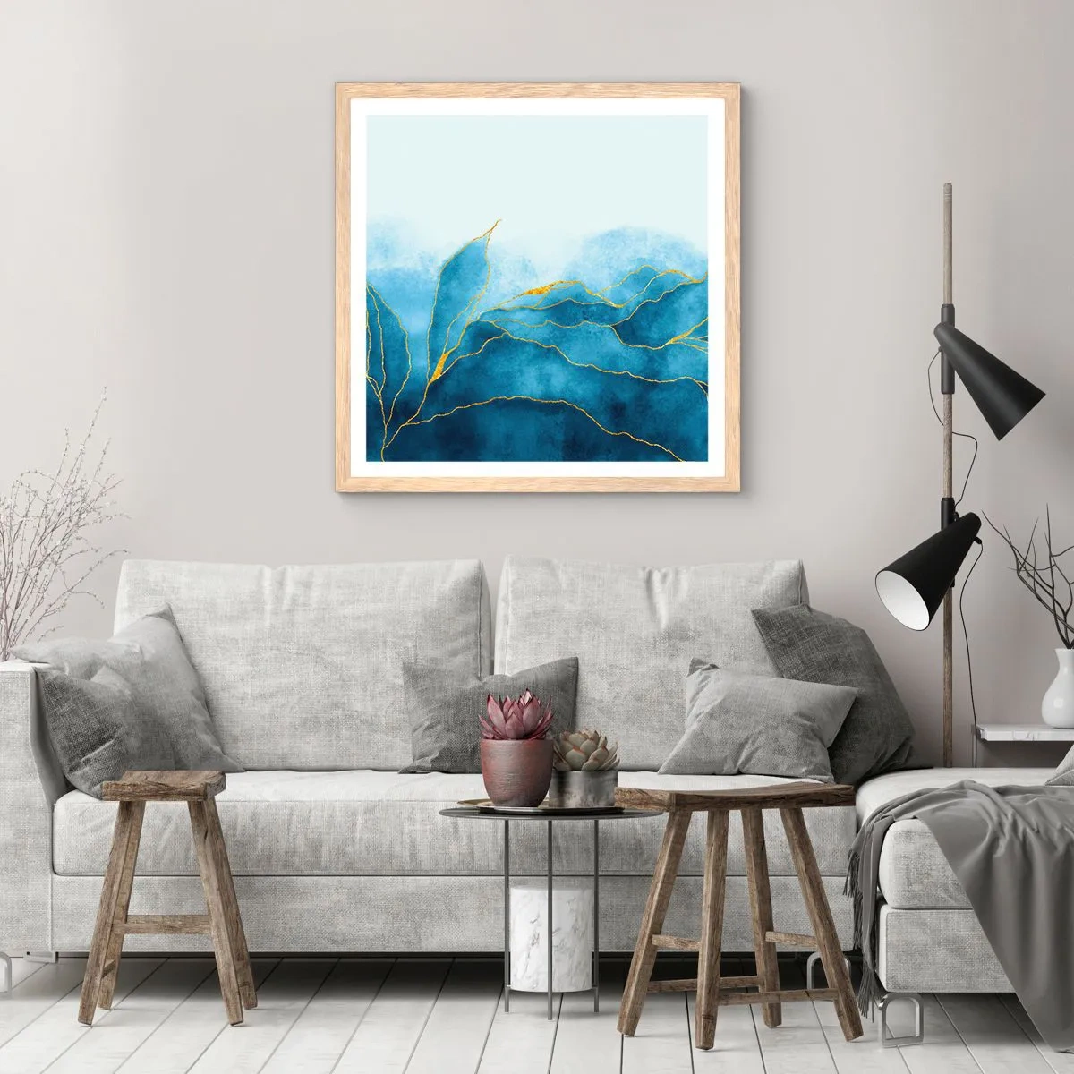 Poster in light oak frame - Blue In Gold - 40x40 cm