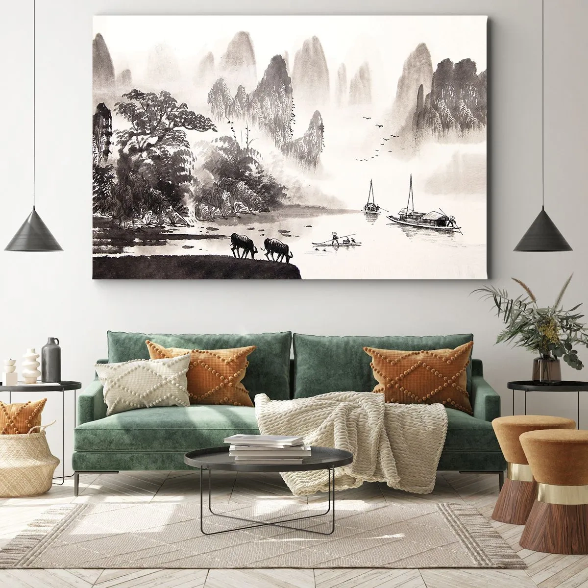 Canvas picture - A picturesque Asian-style landscape with misty mountains - 70x50cm - Everyday Life in the East - Modern wall decoration for the living room and bedroom ARTTOR