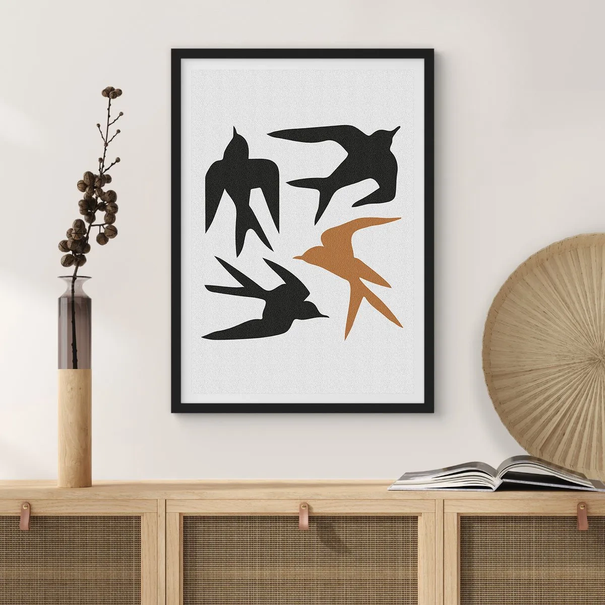 Poster in black frame - Stylized silhouettes of swallows on a light background - 50x70cm - Swallows at Play - Modern wall decoration for the living room and bedroom ARTTOR
