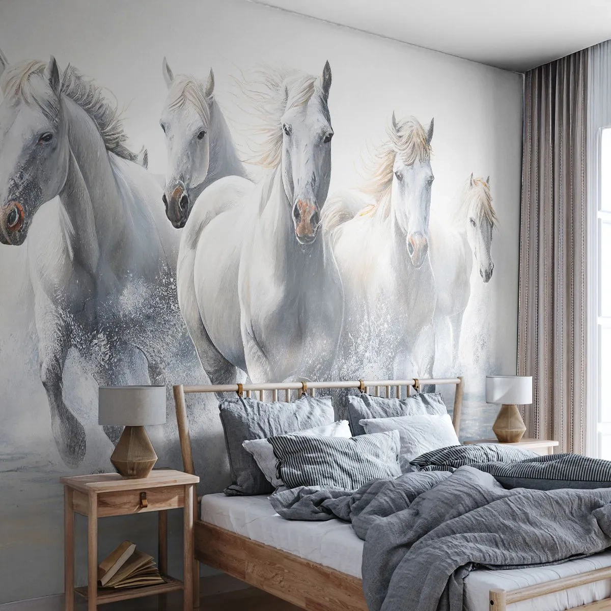 Self-Adhesive Photo Wallpaper Deluxe Sticker - White Magic - Horses, Animals, Watercolor - 300x210 cm