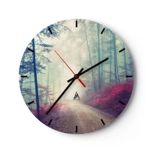 Wall clock - Clock on glass - A forest path surrounded by colorful trees in a misty light - 30x30cm - Early Bird - Modern wall decoration for the living room, kitchen, and bedroom ARTTOR