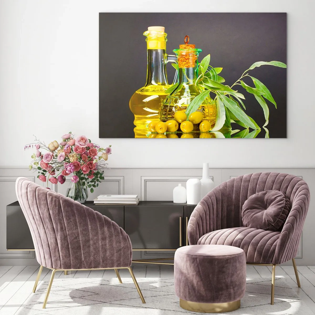 Glass picture - Bottles of olive oil and a branch with olives on the background - 70x50cm - Still Life with Olives and Olive Oil - Modern wall decoration for the living room and bedroom ARTTOR