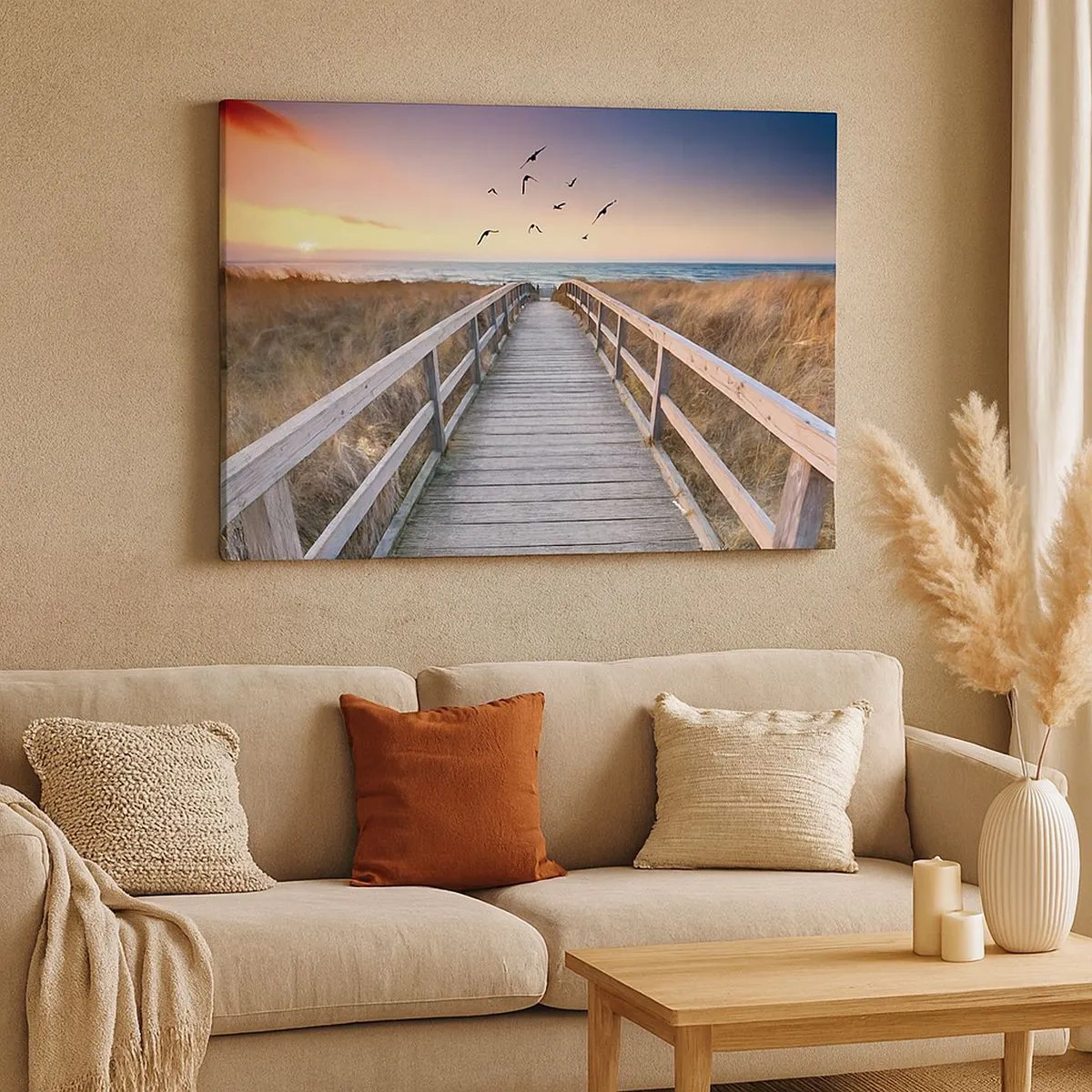 Canvas picture - Wooden jetty leading to the beach at sunset - 70x50cm - Space of Highs - Modern wall decoration for the living room and bedroom ARTTOR