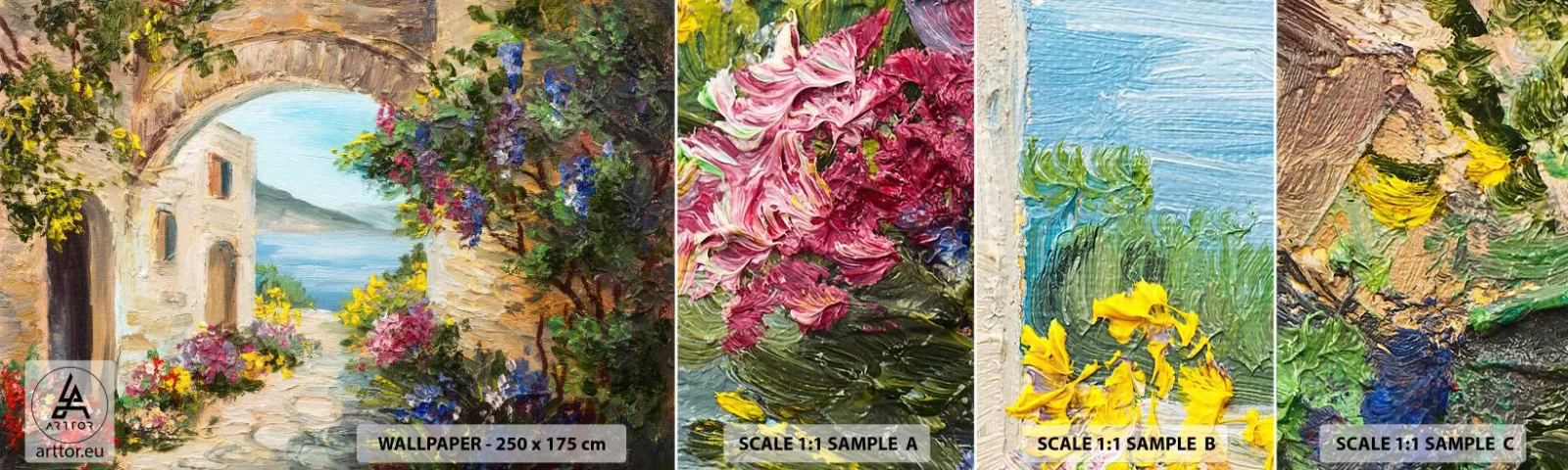 Photo Wallpaper Sample Self-Adhesive Deluxe Sticker - Charm of a Sea Province - Architecture, Greece, Flowers - 100x30 cm