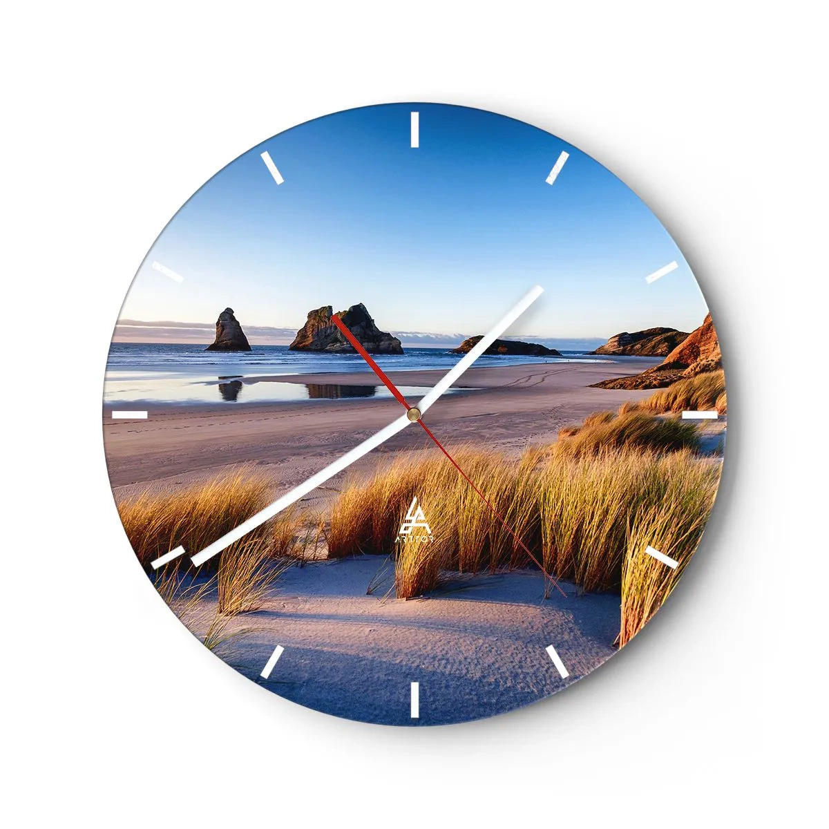 Wall clock - Clock on glass - Sandy beach at sunset with a view of the rocks - 30x30cm - For Peace Seekers - Modern wall decoration for the living room, kitchen, and bedroom ARTTOR