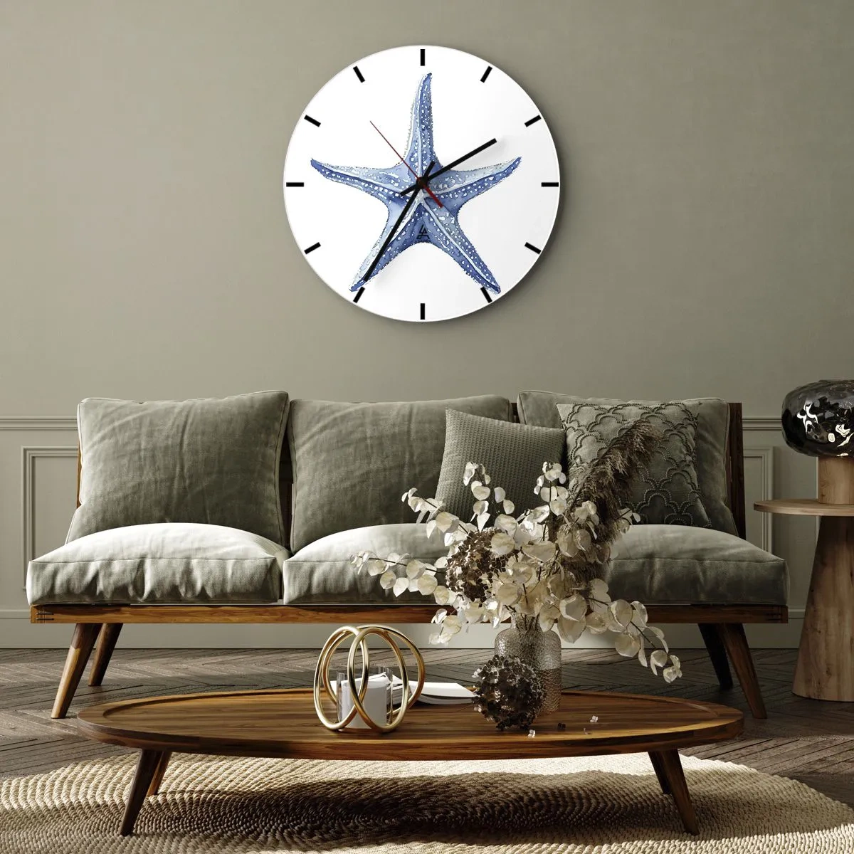 Wall clock - Clock on glass - Blue starfish on a white background in a watercolor style - 30x30cm - Sea Star - Modern wall decoration for the living room, kitchen, and bedroom ARTTOR