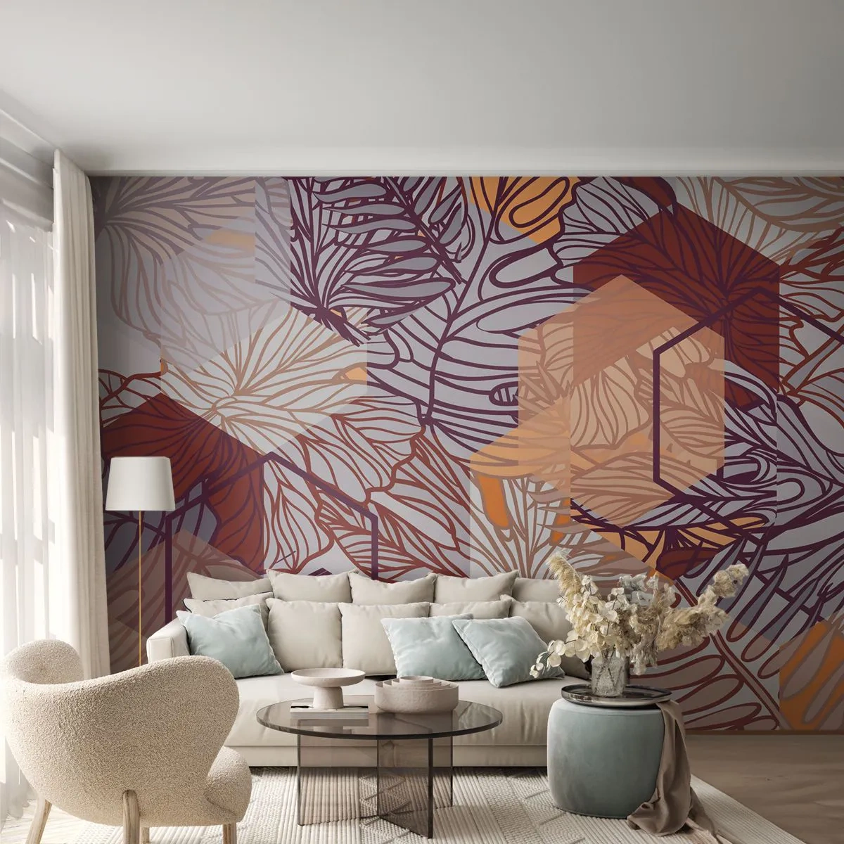 Photo Wallpaper Premium Canvas - Impossible Union of Geometry and Nature - Abstraction, Graphics, Leaves - 350x256 cm