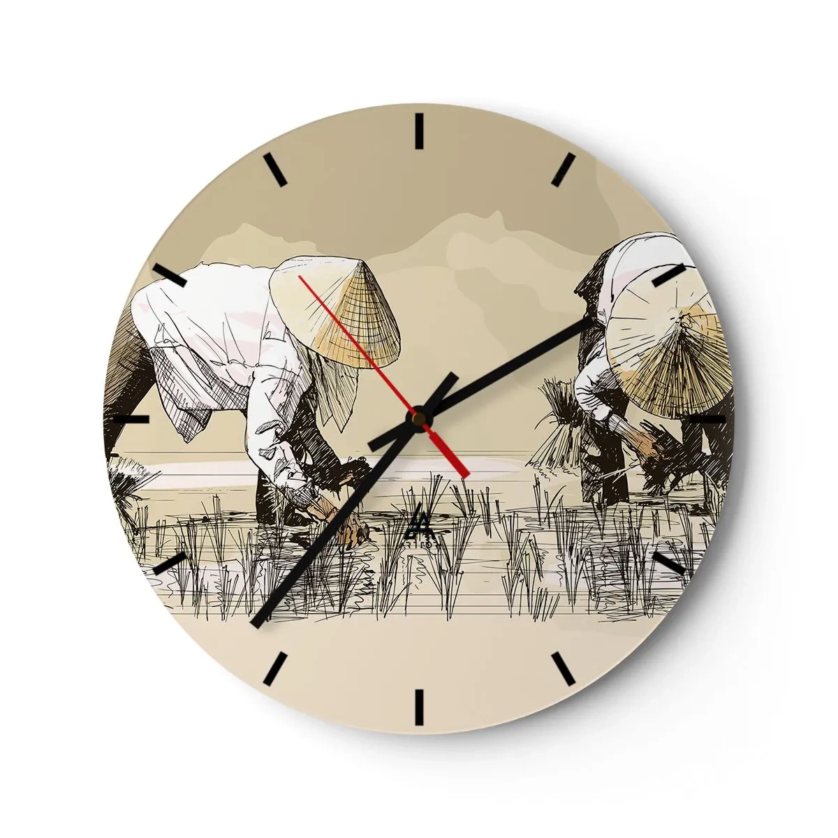 Wall clock - Clock on glass - A cartoon motif of farmers working in a rice field in shades of beige. - 30x30cm - Good Harvest - Modern wall decoration for the living room, kitchen, and bedroom ARTTOR