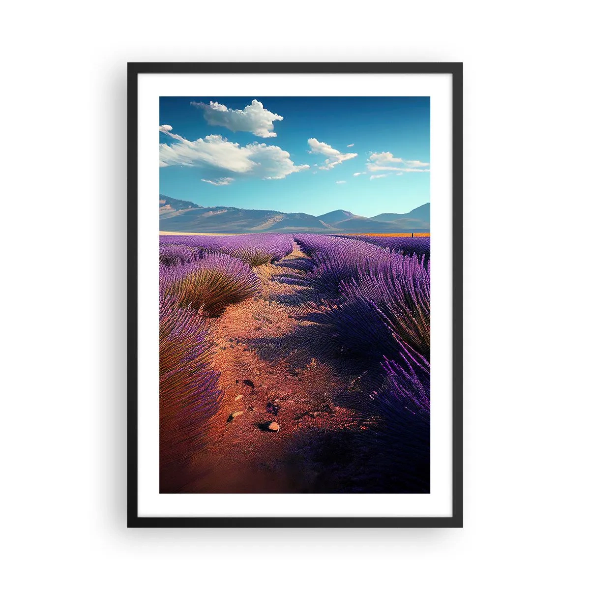 Poster in black frame - A lavender field at sunset with a mountain landscape in the background - 50x70cm - Fragrant Fields - Modern wall decoration for the living room and bedroom ARTTOR