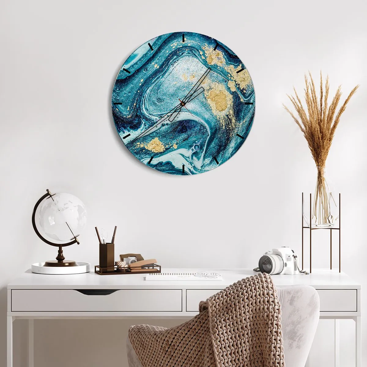 Wall clock - Clock on glass - Blue Whirl - 30x30 cm