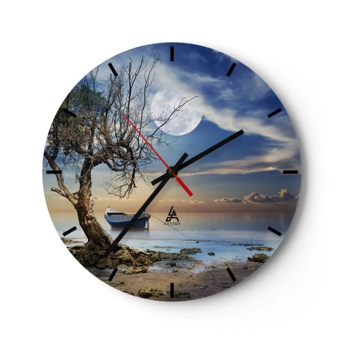 Wall clock - Clock on glass - A boat by the shore with the moon in the background - 30x30cm - Is this the Beginning or the End? - Modern wall decoration for the living room, kitchen, and bedroom ARTTOR