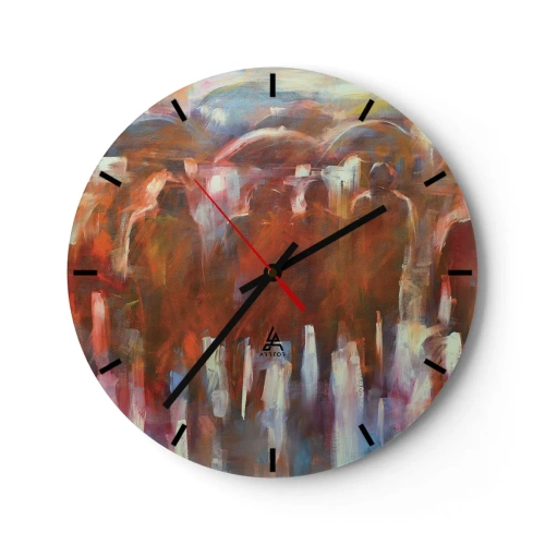 Wall clock - Clock on glass - An abstract composition in warm shades of orange and brown. - 30x30cm - Equal in Rain and Fog - Modern wall decoration for the living room, kitchen, and bedroom ARTTOR