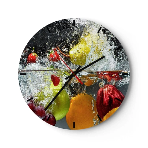 Wall clock - Clock on glass - Fruit immersed in water with a splash effect - 30x30cm - Fruity Refreshment - Modern wall decoration for the living room, kitchen, and bedroom ARTTOR
