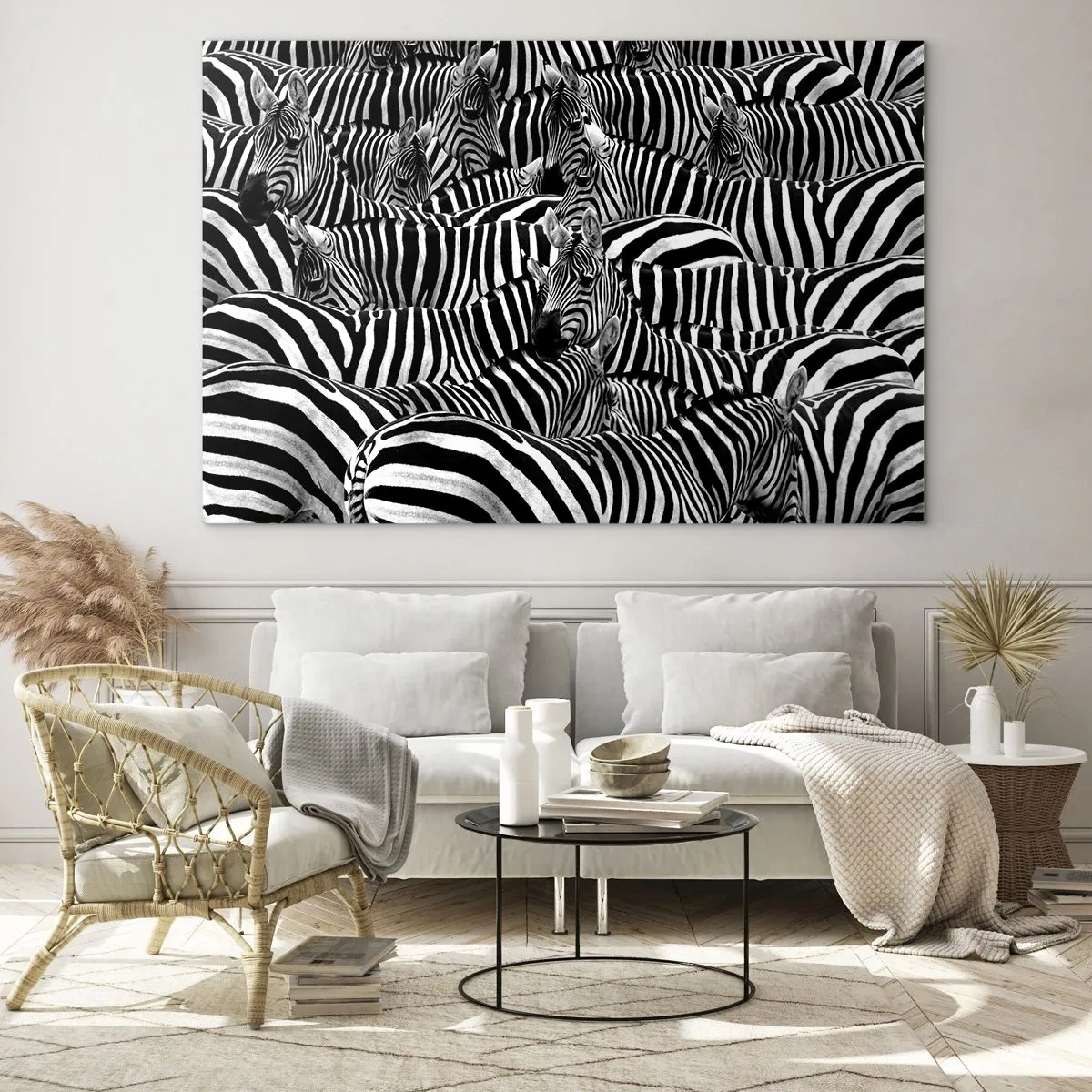 Glass picture - A herd of zebras in monochrome - 70x50cm - Striped Group Portrait - Modern wall decoration for the living room and bedroom ARTTOR