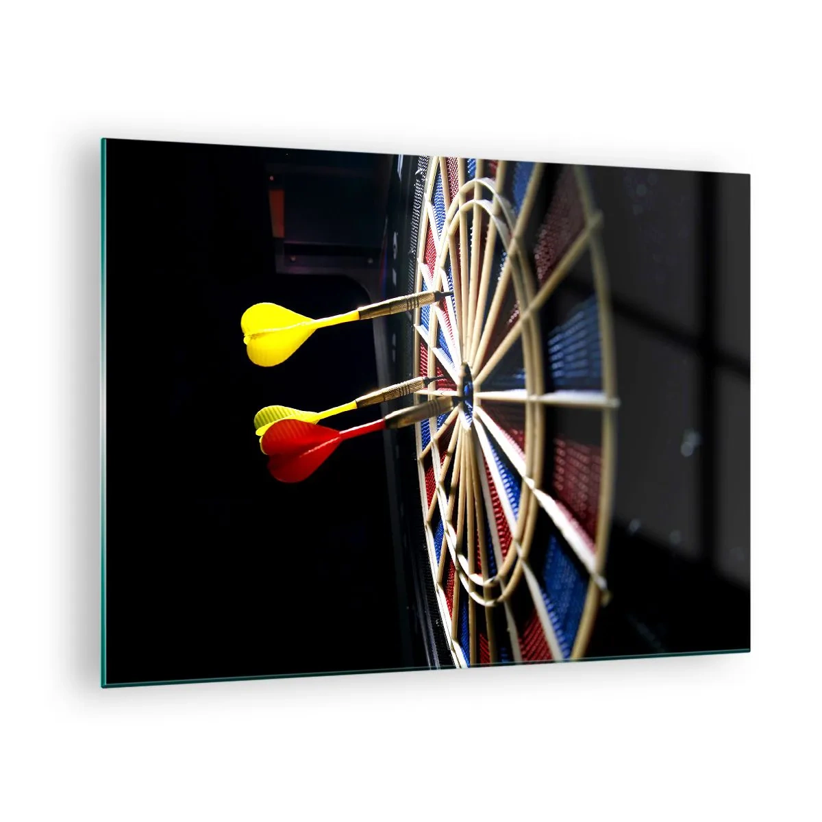 Glass picture - Darts hitting a target in a dark environment - 70x50cm - On Point - Modern wall decoration for the living room and bedroom ARTTOR