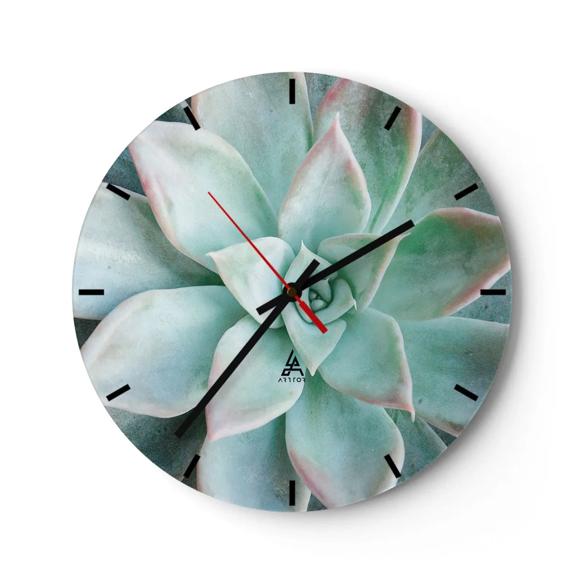 Wall clock - Clock on glass - Macro photography of a green succulent with pink accents - 30x30cm - Heart of a Desert - Modern wall decoration for the living room, kitchen, and bedroom ARTTOR
