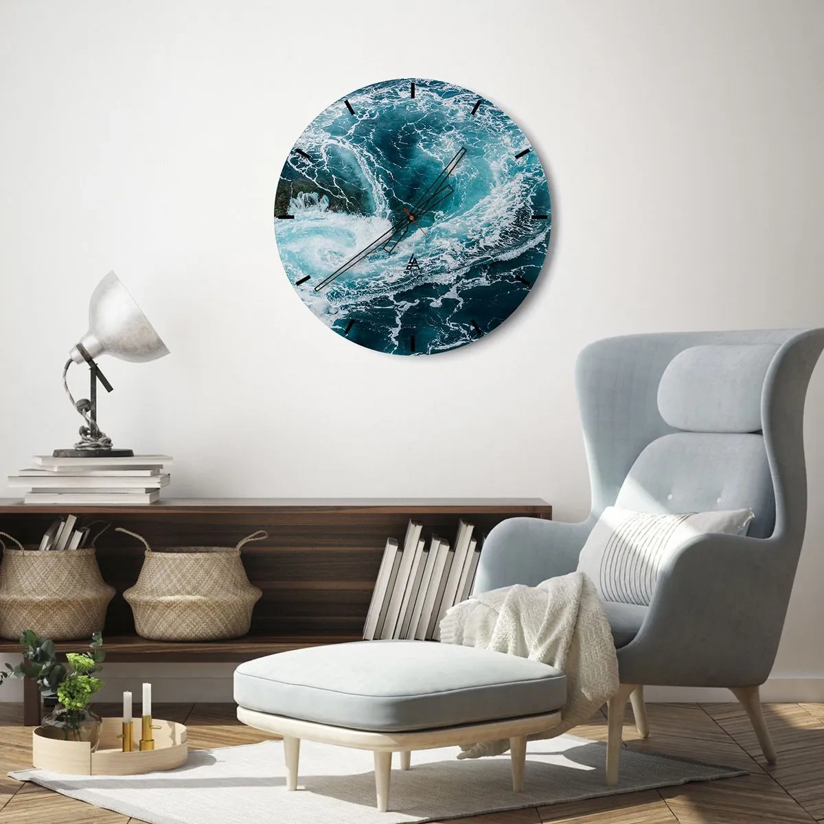 Wall clock - Clock on glass - Dynamic ocean waves in turquoise shades - 30x30cm - Gate to the Earth's Interior - Modern wall decoration for the living room, kitchen, and bedroom ARTTOR