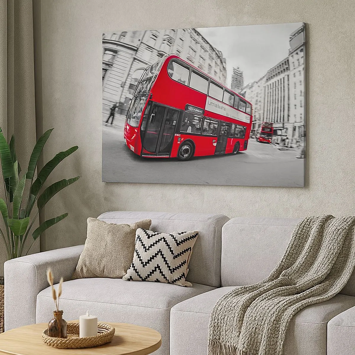 Canvas picture - A red London bus against a black and white street - 70x50cm - Traditional London -By Bus - Modern wall decoration for the living room and bedroom ARTTOR