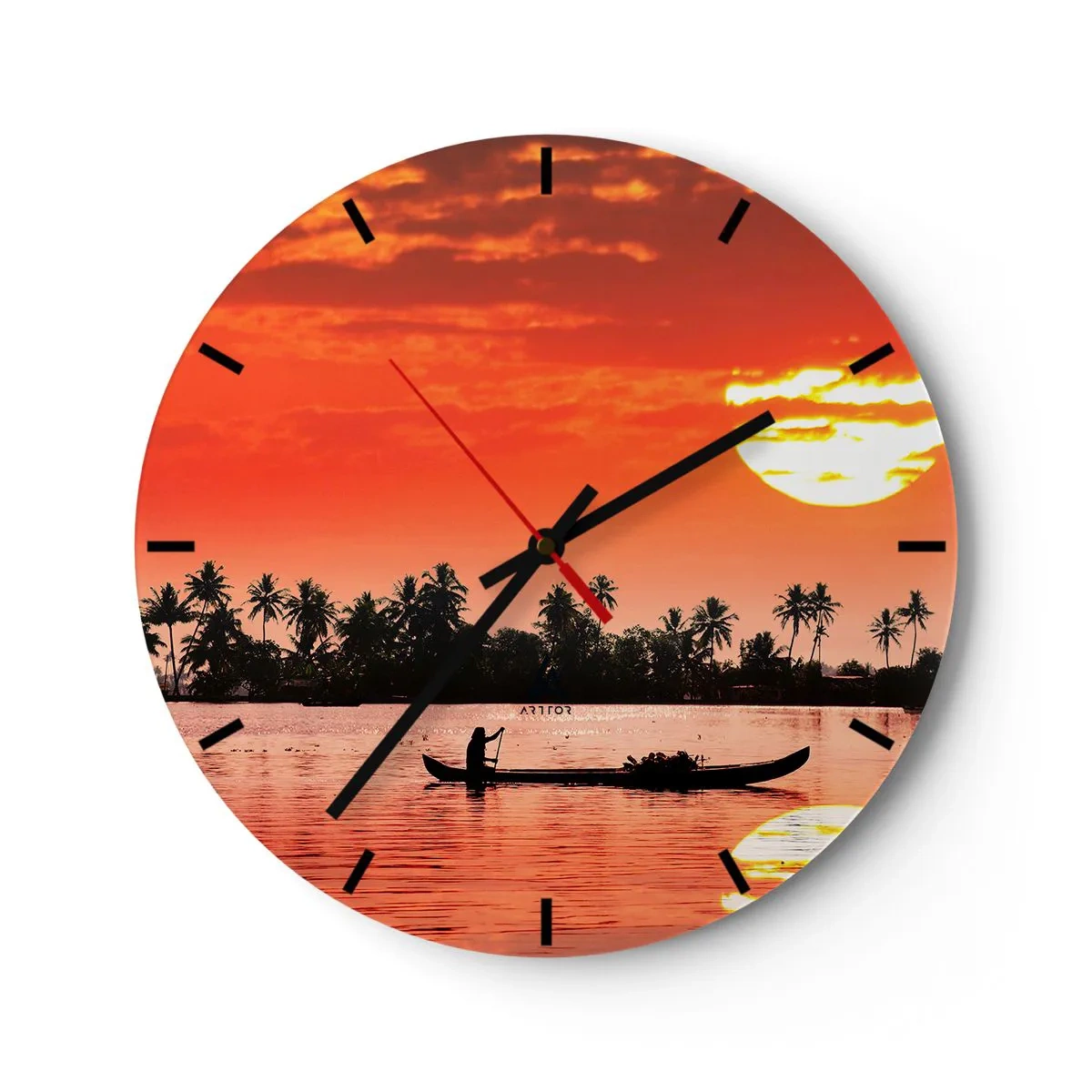 Wall clock - Clock on glass - A boat against the backdrop of a tropical sunset - 30x30cm - Peace of the Tropics at Sunset - Modern wall decoration for the living room, kitchen, and bedroom ARTTOR