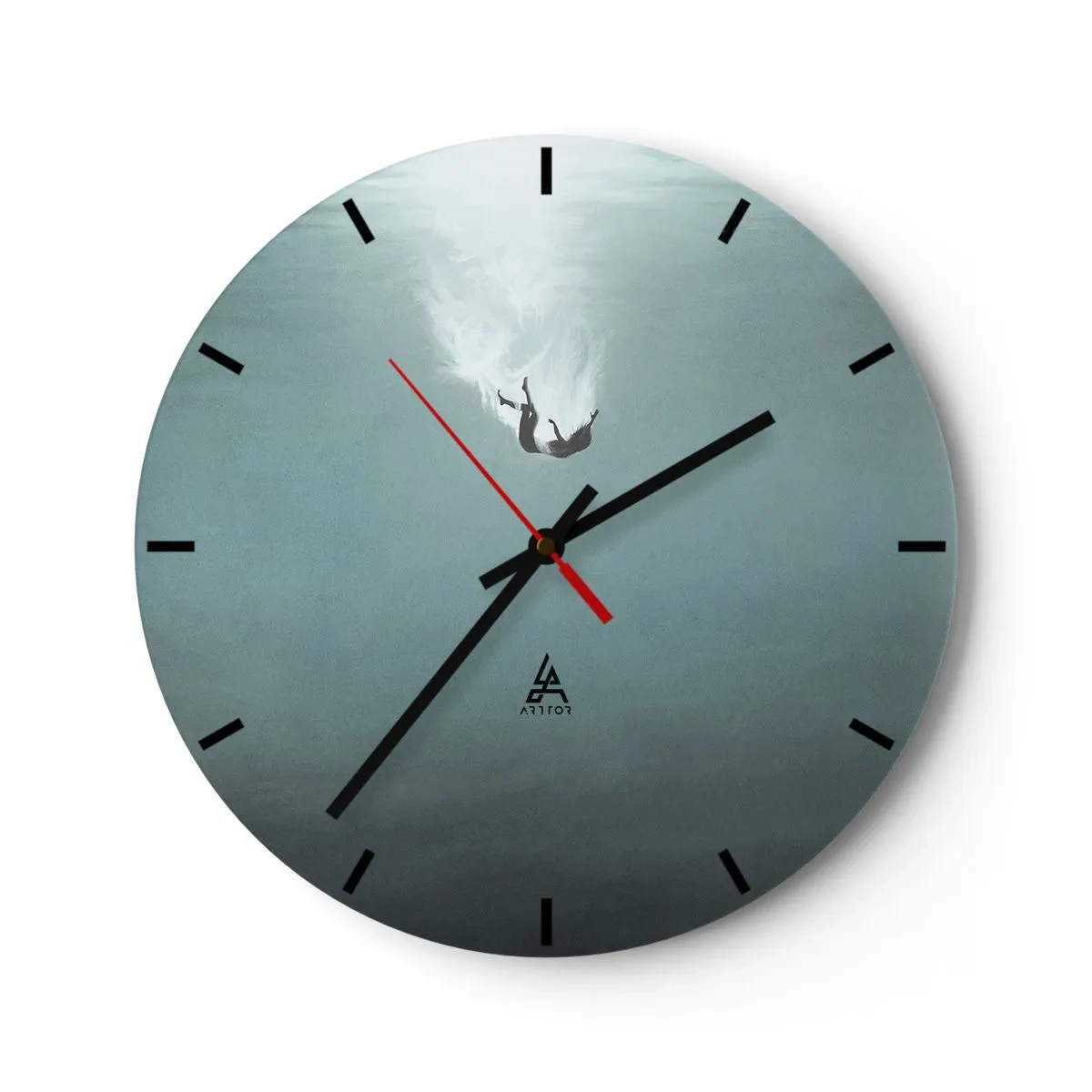 Wall clock - Clock on glass - The silhouette of a falling man immersed in the blue depths - 30x30cm - In the Arms of the Ocean - Modern wall decoration for the living room, kitchen, and bedroom ARTTOR