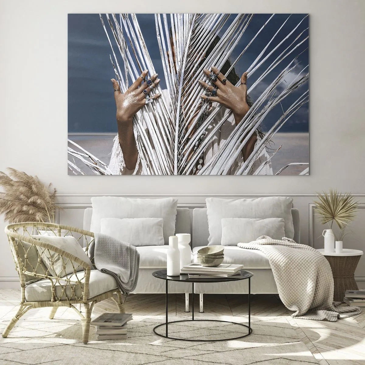 Glass picture - woman's hands decorated with rings behind a dry palm tree - 70x50cm - Shaman's Girlfriend? - Modern wall decoration for the living room and bedroom ARTTOR