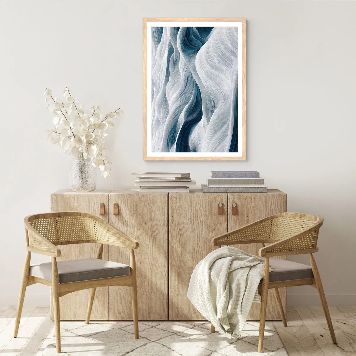 Poster in light oak frame - White and Blue Waves - 70x100 cm
