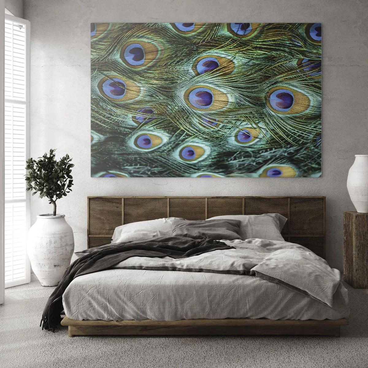 Glass picture - Detail of peacock feathers with distinct eyes - 70x50cm - Peacock Eyes - Modern wall decoration for the living room and bedroom ARTTOR