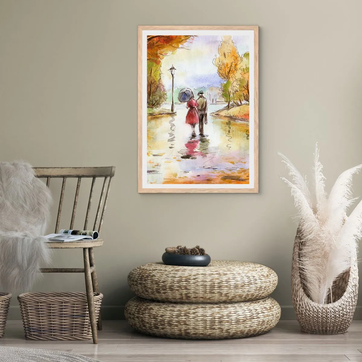 Poster in light oak frame - Romantic Autumn in a Park - 70x100 cm