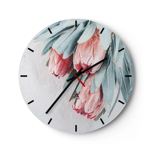 Wall clock - Clock on glass - Protea flowers with pale blue leaves on a light background - 30x30cm - Ashamed of Their Own Beauty - Modern wall decoration for the living room, kitchen, and bedroom ARTTOR