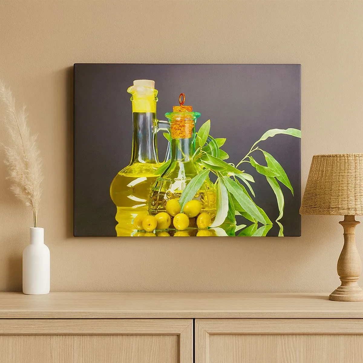 Canvas picture - Bottles of olive oil and olive tree branches - 70x50cm - Still Life with Olives and Olive Oil - Modern wall decoration for the living room and bedroom ARTTOR