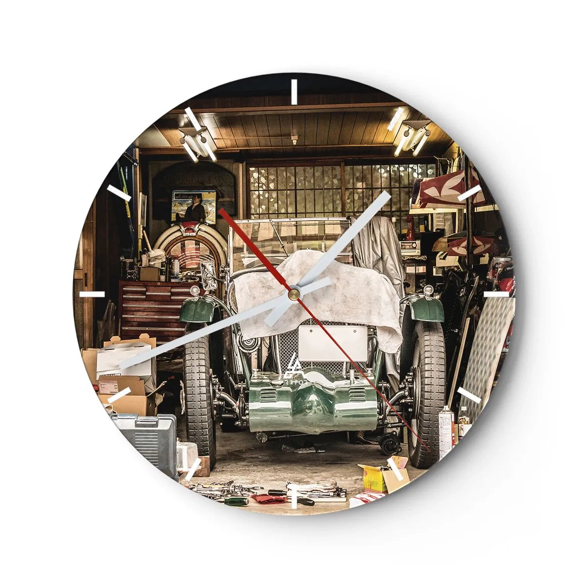 Wall clock - Clock on glass - An old car in a workshop full of tools and parts - 30x30cm - Back to the Past - Modern wall decoration for the living room, kitchen, and bedroom ARTTOR