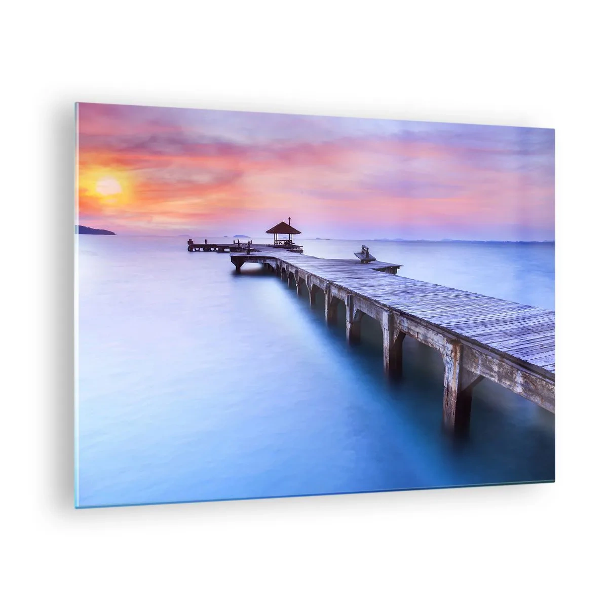 Glass picture - Wooden pier at sunrise on calm water - 70x50cm - Sea of Calm to the Horizon - Modern wall decoration for the living room and bedroom ARTTOR