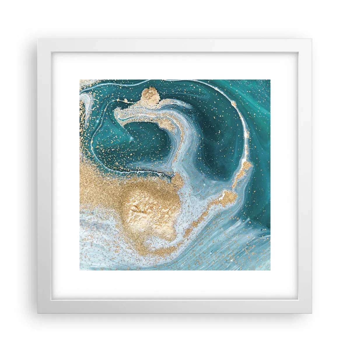 Poster in white frmae - Swirl of Gold and Turquiose - 30x30 cm
