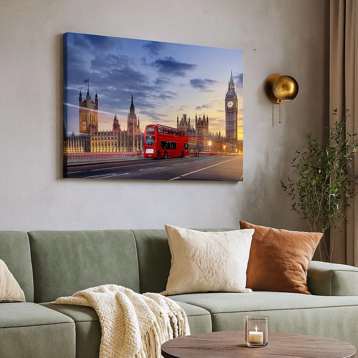 Canvas picture - A red bus with Big Ben and the Houses of Parliament in the background at dusk. - 70x50cm - Characteristic Landmarks - Modern wall decoration for the living room and bedroom ARTTOR