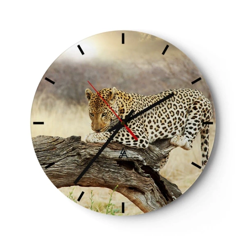 Wall clock - Clock on glass - A leopard resting on a dry tree branch - 30x30cm - I Mark My Own Path - Modern wall decoration for the living room, kitchen, and bedroom ARTTOR