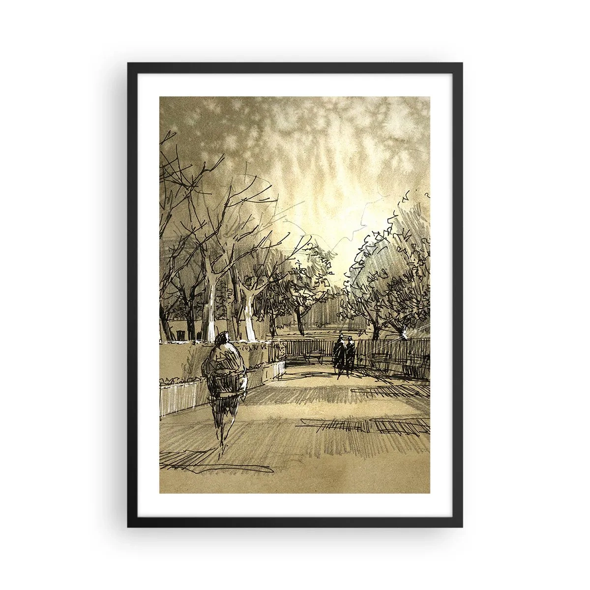 Poster in black frame - Sepia-toned sketch-style park illustration - 50x70cm - Moment Stopped with a Feather - Modern wall decoration for the living room and bedroom ARTTOR