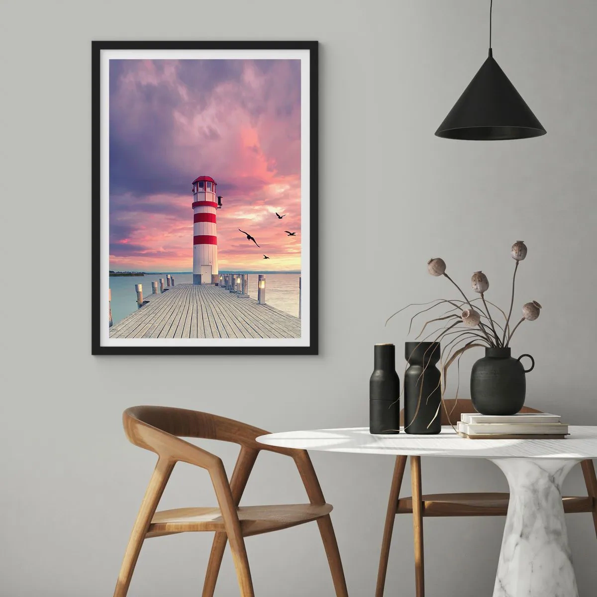 Poster in black frame - Lighthouse against the backdrop of the sunset - 50x70cm - Time for Port - Modern wall decoration for the living room and bedroom ARTTOR