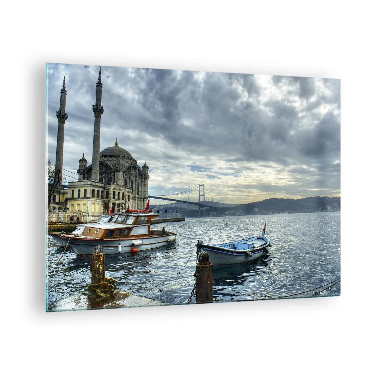 Glass picture - View of the mosque, bridge and boats at the quay - 70x50cm - Between Worlds - Modern wall decoration for the living room and bedroom ARTTOR