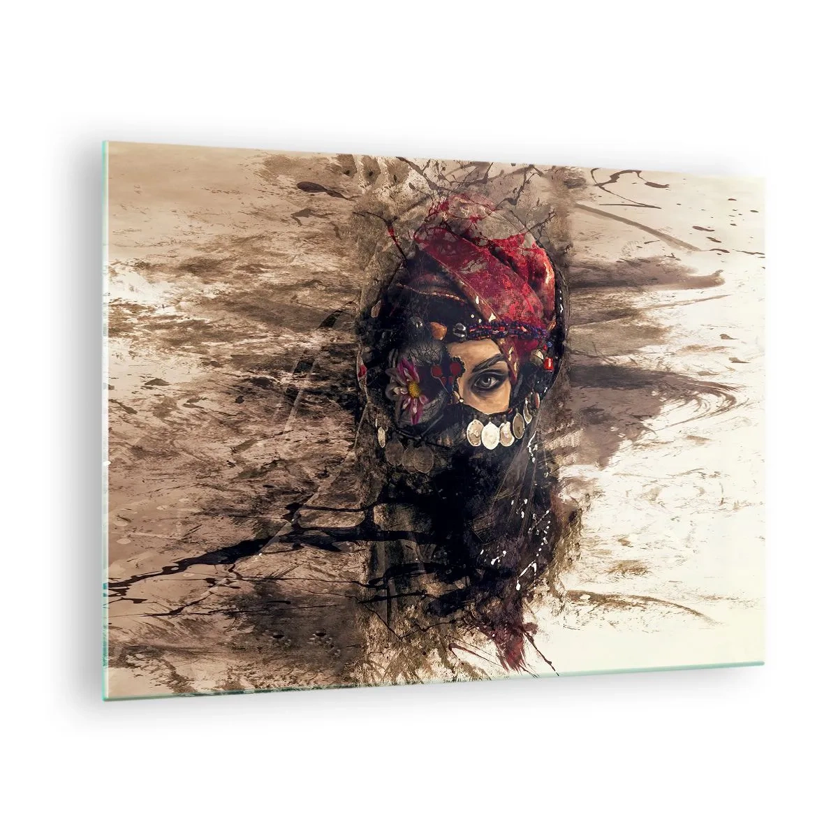 Glass picture - Portrait of a mysterious woman in a red turban - 70x50cm - At Least Worrying - Modern wall decoration for the living room and bedroom ARTTOR